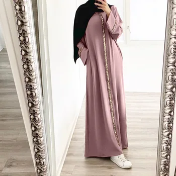 2023 Verão Novo Ringgit Mulheres Túnica do Painel de Borda Sequin Vestido de Muçulmano abaya