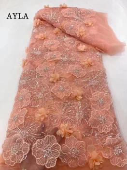 Africano Flor de Tule Tecido do Laço 2023 Alta Qualidade de Paetês Bordados em 3D Tecido Com Contas Nigeriano Laço de Tecido Para o Vestido de Casamento