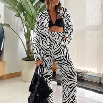 As Mulheres Elegantes 2 Peças De Roupas Terno Casual De Impressão De Zebra Conjunto De Manga Longa, Botão De Camisa Reta De Perna Larga Calças Moda Streetwear