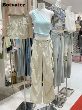Botvotee Cordão De Carga Calças Para Mulheres 2023 Nova Moda Vintage Solta Calças Cintura Alta Casual Bolsos De Comprimento Total Cavallari