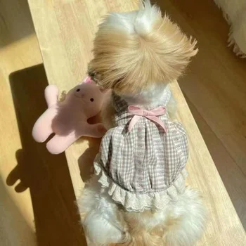 Cão de estimação, Roupas Xadrez Flor de Suspender Vestido de Roupas para Cães Gato Pequeno Bowknot de Impressão Pastoral Estilo Menina de Produtos para animais de 2023