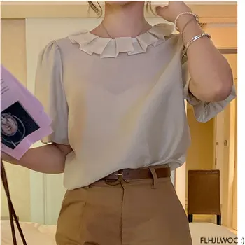 Gola Peter Pan Tops Cor-De-Rosa, Camisa Branca Novo Escritório De Design Senhora Japão Chique Coreia Roupas Da Moda Blusas De Babados