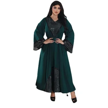 Moda Lantejoulas Preto De Malha Patchwork Dubai Abaya Elegante Casual Manga Comprida Com Decote Em V Vestido De Festa Longo, As Mulheres Muçulmanas