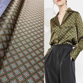 Moda Nova Marca Clássico Verde Geométricas, Xadrez Trecho De Seda Tecido De Sarja De Personalidade Design De Camisa De Vestido De Luxo, Feitos À Mão Tecidos