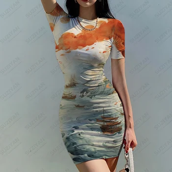 Paisagem 3D Impresso Vestido de Moda Temperamento Vestido de Verão de mangas Curtas Vestido Básico em torno do Pescoço do Vestido de Chinês do Estilo do Vestido
