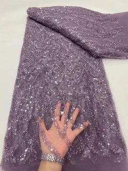 Rendas frisado Tecido De 2023 Para o Vestido de Casamento francês de Cetim Tule de Malha de Luxo Pesado Artesanal Esferas de Cristal Vermelho Dubai Noiva 5Yards