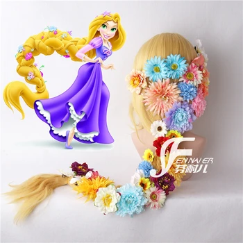 Tangled Peruca Cosplay Da Princesa Rapunzel Tranças Longas Flores Artificiais Headwear Mulher Loira De Cabelo Sintético Adulto