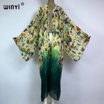 WINYI quimono boho Gradual estampa floral praia cover-up Elegante casaco sexy África casaco praia de roupas para mulheres Perspectiva cardigan
